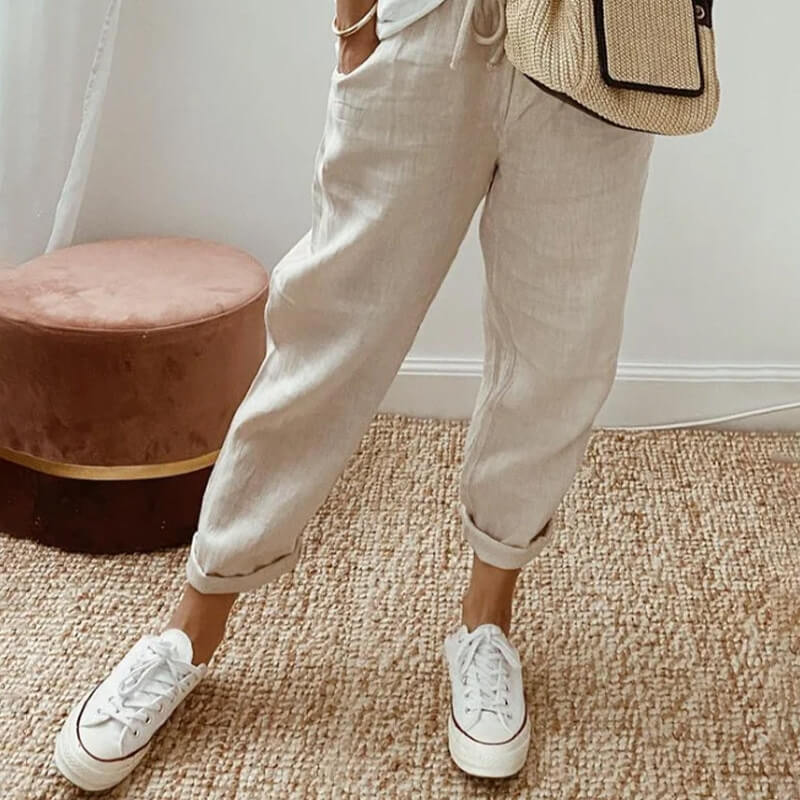 Pantalon Chic & Ventilé en Beige - Confort élastique, Coupe fluide, Style chic | Mode été