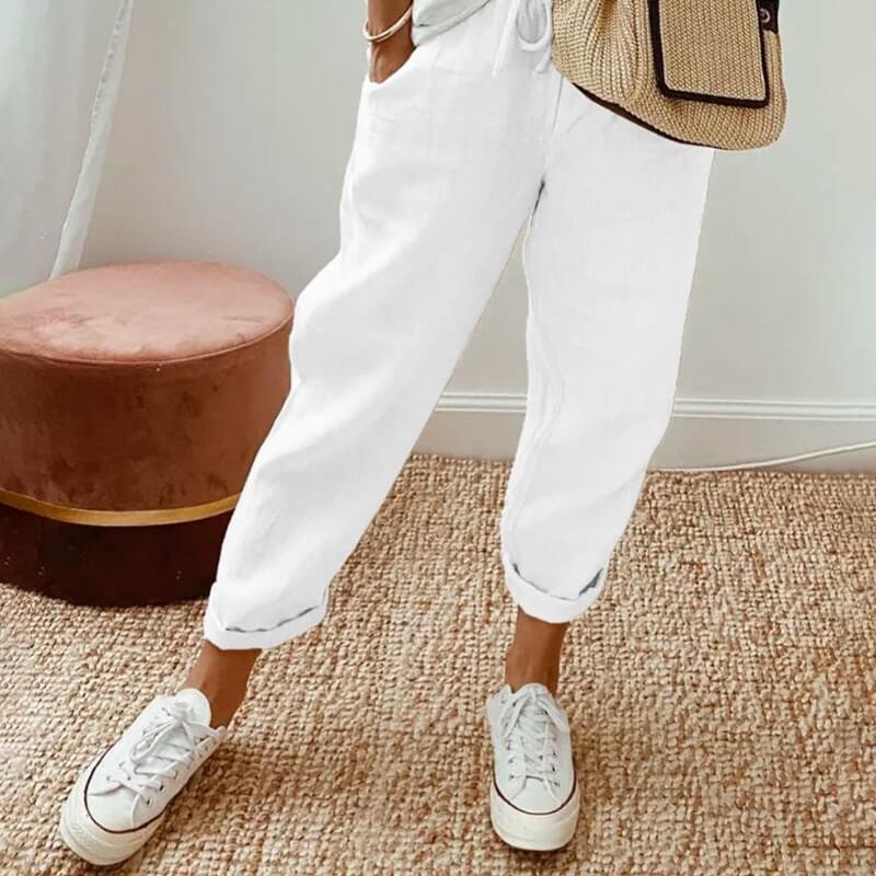 Pantalon Chic & Ventilé en Blanc - Confort élastique, Coupe fluide, Style chic | Mode été