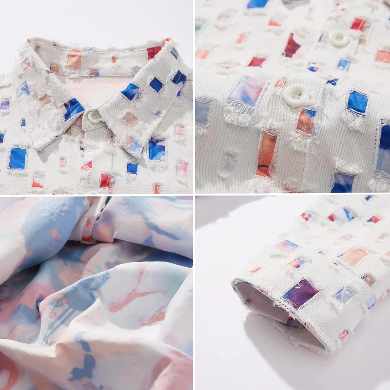 Chemise en denim tendance avec accents colorés et coupes effilochées
