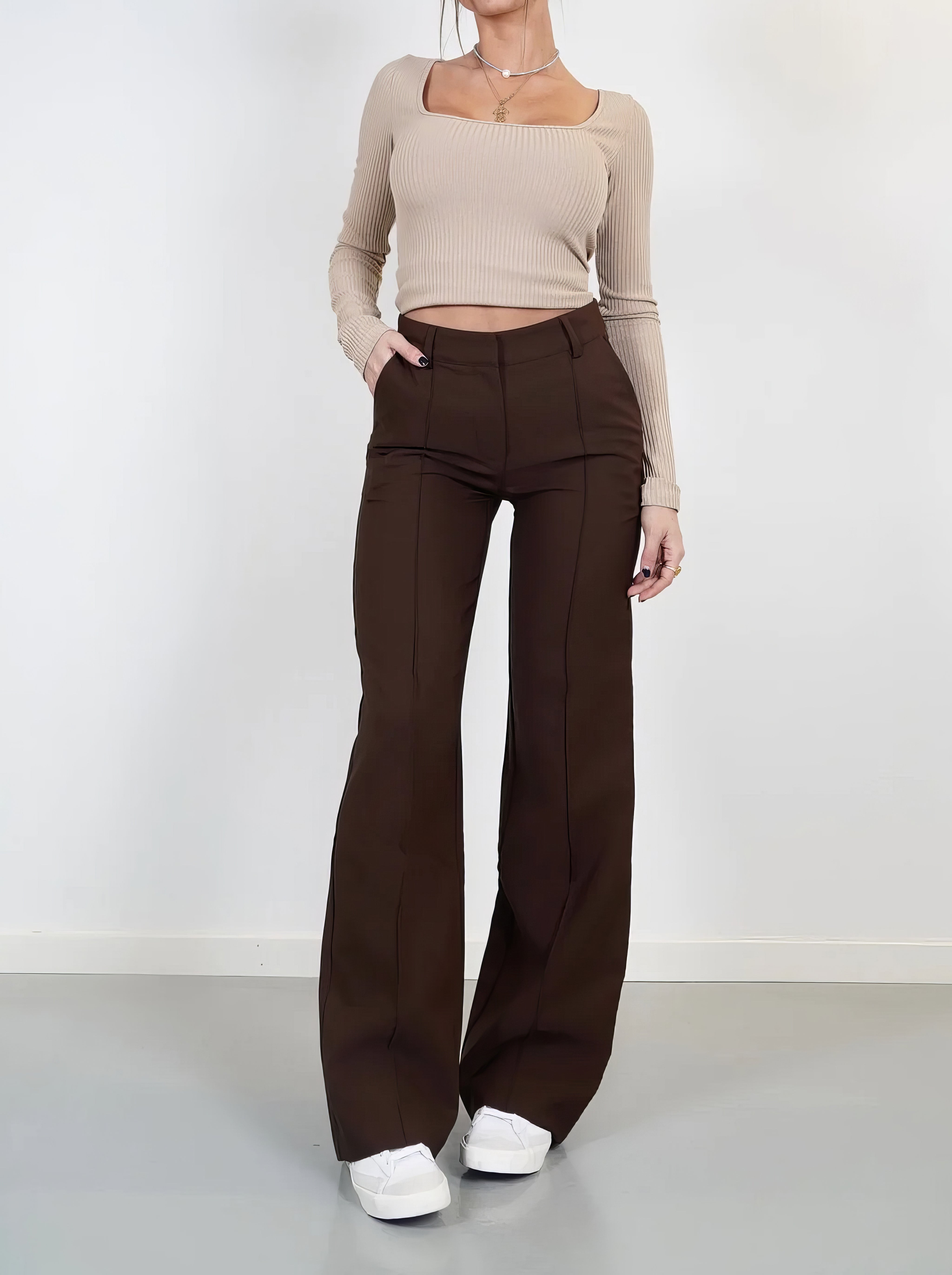 Pantalon élégant marron taille haute - Style polyvalent et qualité supérieure