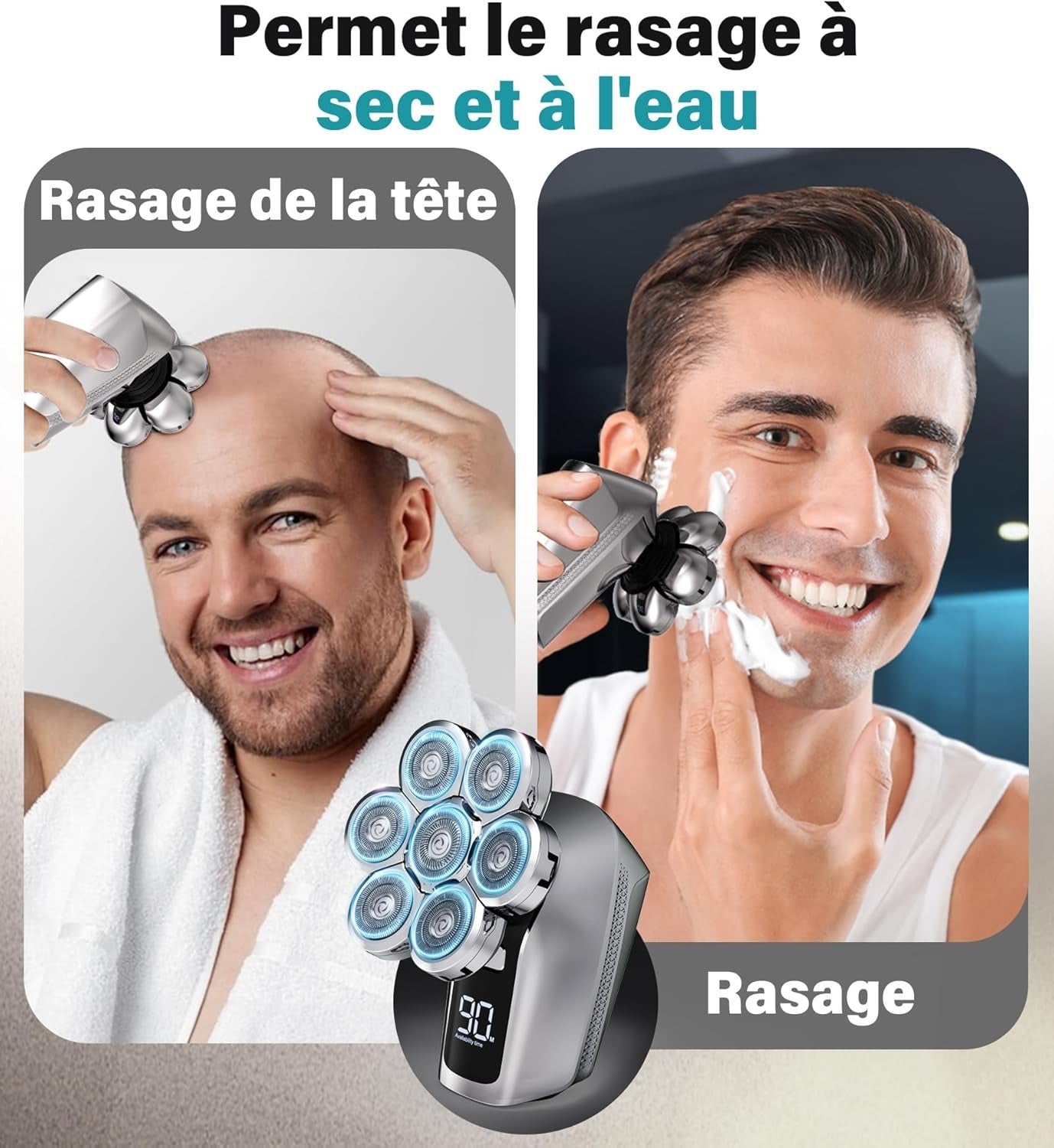 Rasoir 7D Amélioré pour Hommes Chauves - Rasage Sous la Douche, Tête Supplémentaire pour Nez et Barbe