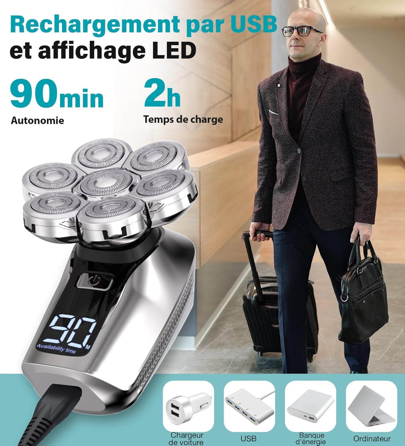 Rasoir 7D Amélioré pour Hommes Chauves - Accessoires de Rasage, Rasage Parfait et Rapide