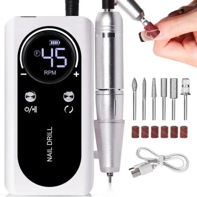 Ponceuse à ongles de qualité rechargeable, 45000 RPM, design élégant, faible bruit, idéale pour manucures précises.