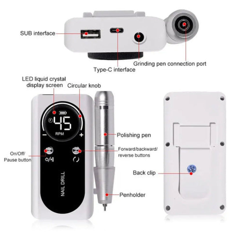 Image de la ponceuse à ongles de qualité rechargeable, affichant un design élégant et un écran LCD intelligent.