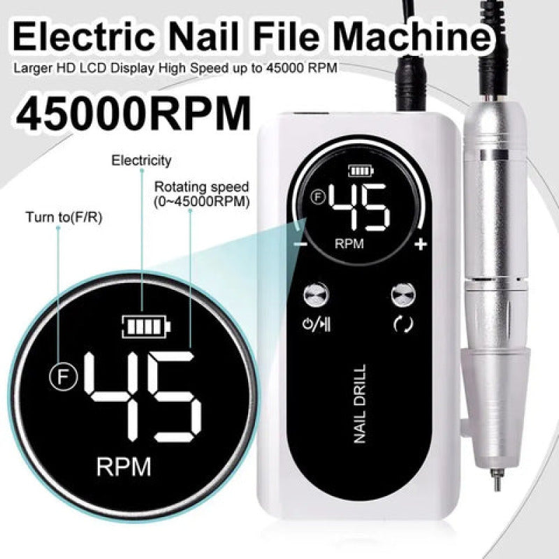 Image de la ponceuse à ongles de qualité rechargeable, affichant son design élégant et son écran LCD intelligent.