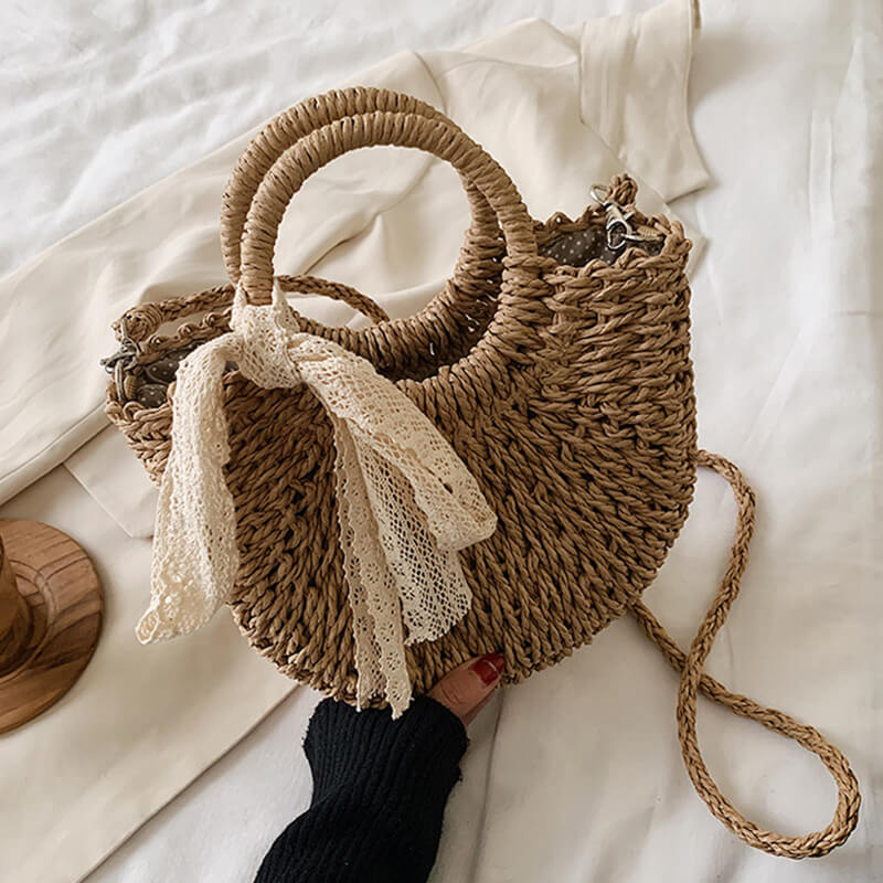 Sac en Paille Tissé à la Main - Couleur Khaki, Accessoire Été Tendance Plage