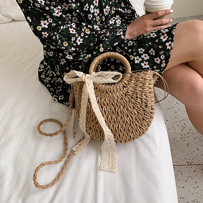 Sac en Paille Tissé à la Main - Poignées Solides, Sac Estival Léger travel bo