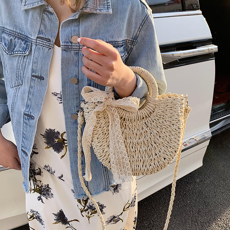 Sac en Paille Tissé à la Main - Intérieur Spacieux, Sac Unique Fait Main trav