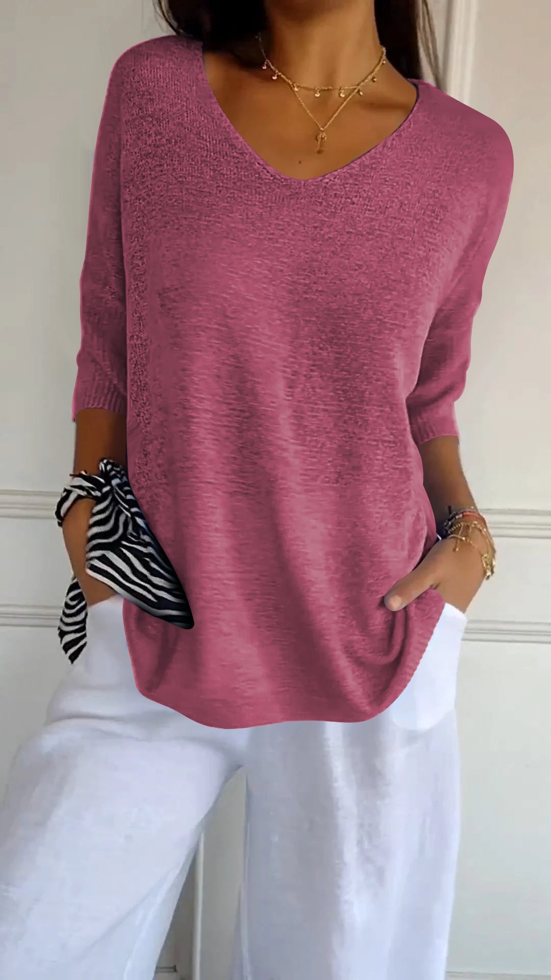 Top en tricot à col en V Rose Rouge - Confort Luxueux et Élégance Intemporelle do