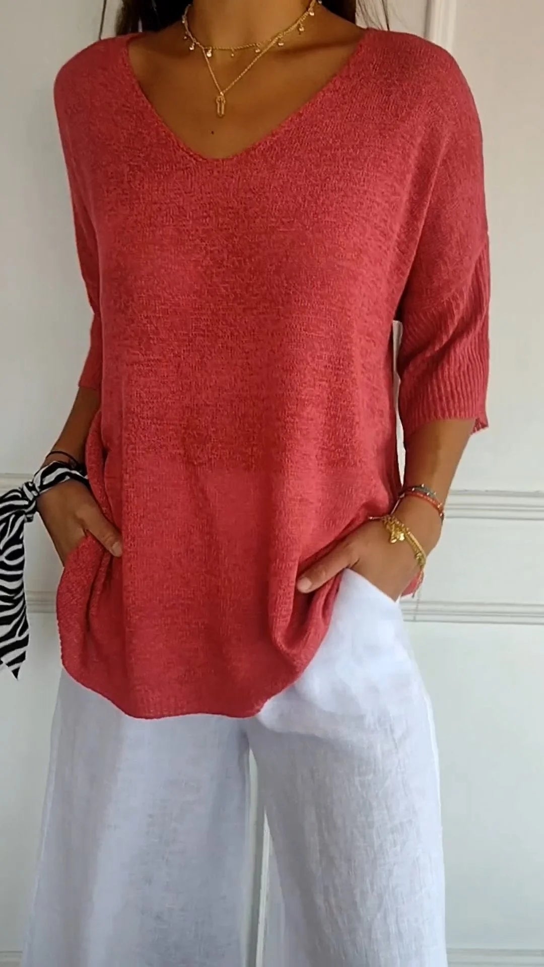 Top en tricot à col en V Rouge - Confort Luxueux et Élégance Intemporelle tra