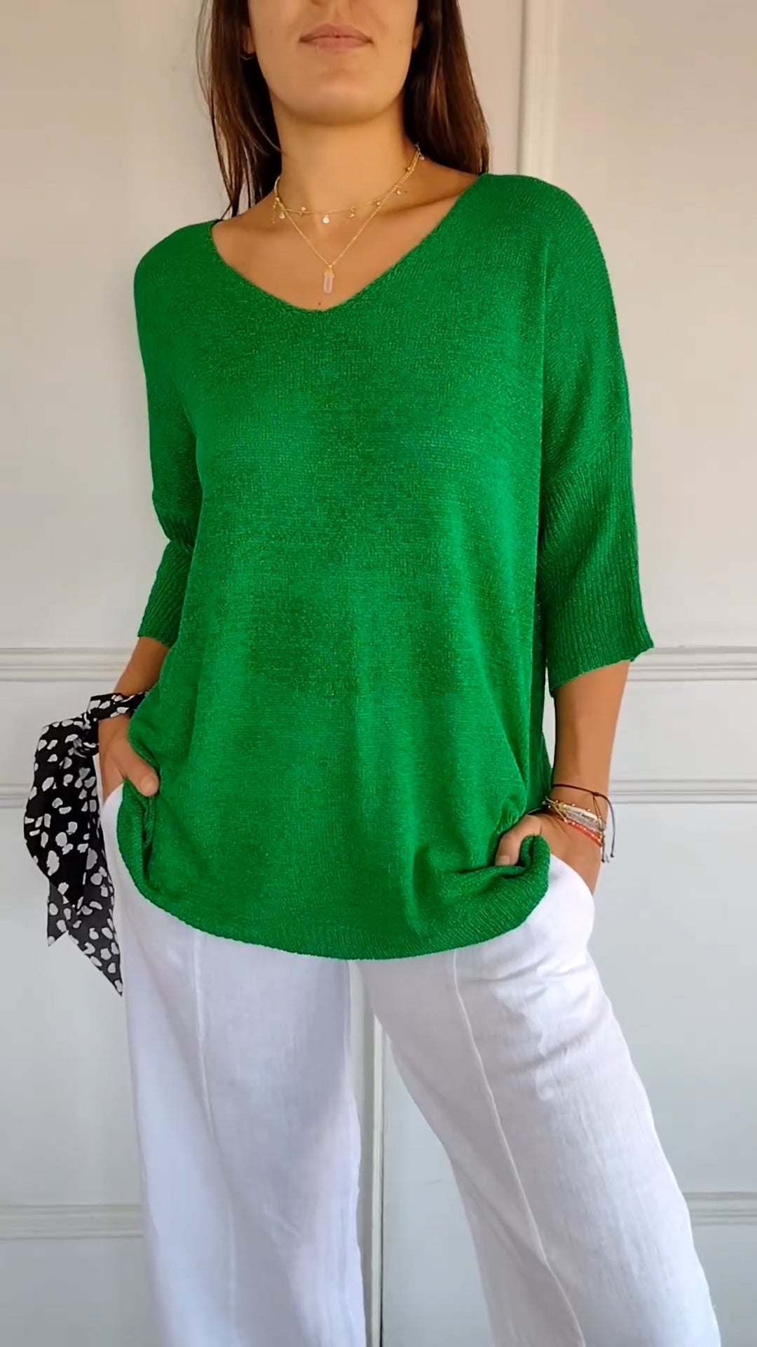 Top en tricot à col en V Vert - Confort Luxueux et Élégance Intemporelle trav
