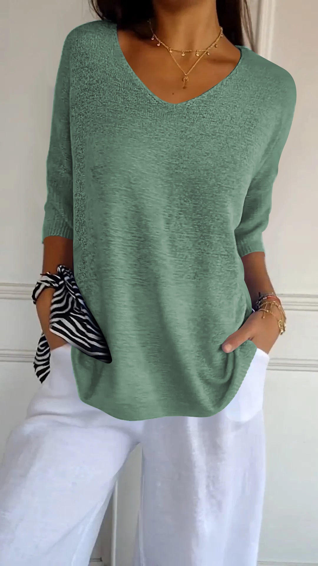 Top en tricot à col en V Vert clair - Confort Luxueux et Élégance Intemporelle do
