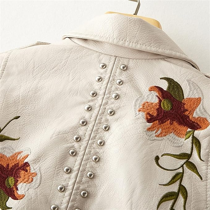 Veste en cuir audacieuse avec motifs floraux pour femme - Allure robuste et élégance moderne