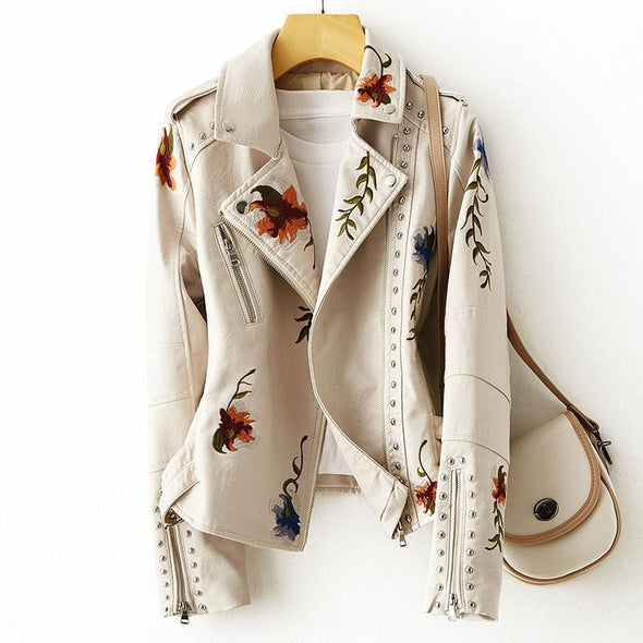 Veste en cuir audacieuse blanc avoiré pour femme - Motifs floraux et style café-racer