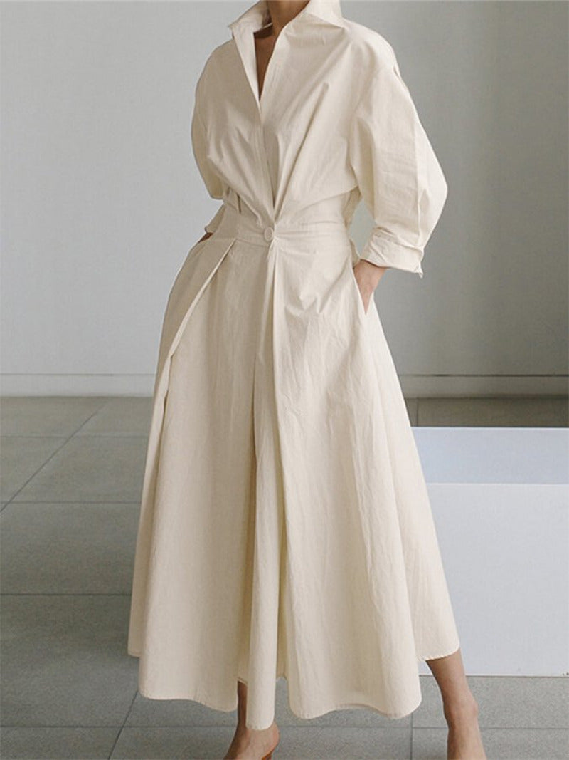 Robe beige chic tendance, confort élégant, mélange coton, style rétro travel