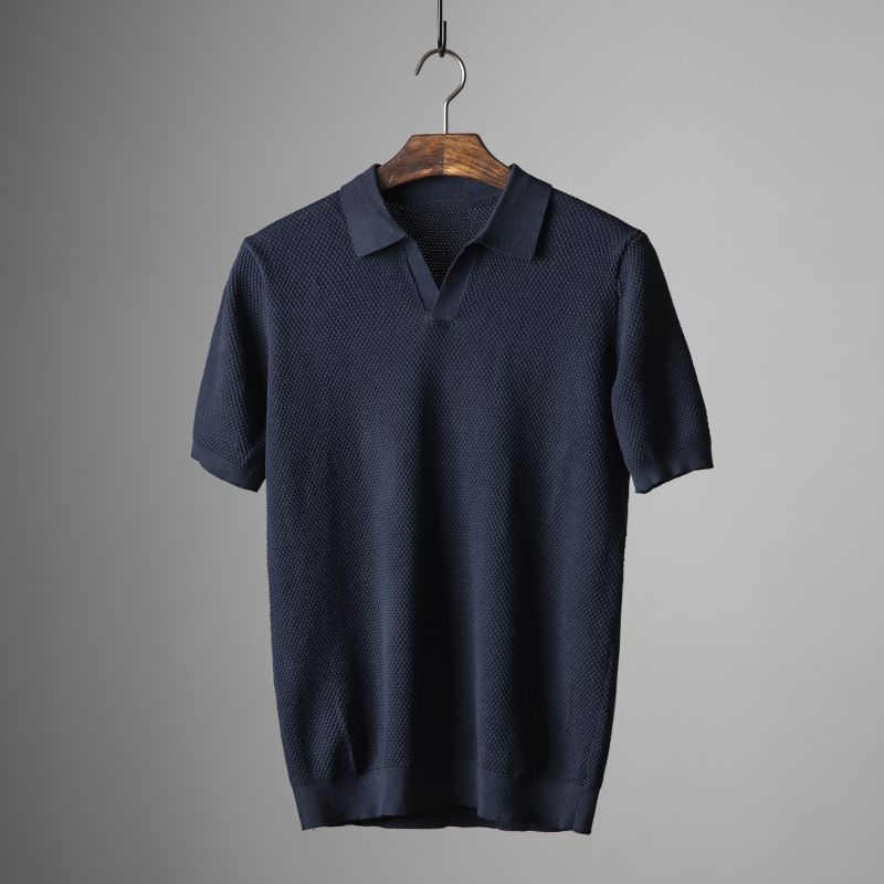 Polo tricoté Tom Harpy en coton extrafin - Bleu foncé, silhouette ajustée et style polyvalent